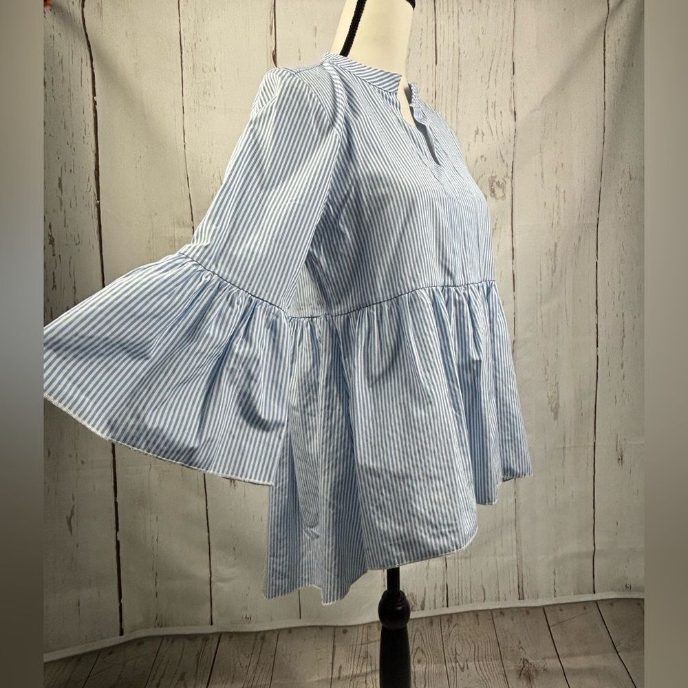 Koton Blouse Shirt Blue White Striped Flounce Sleeve Flared Bottom - Picture 4 of 10